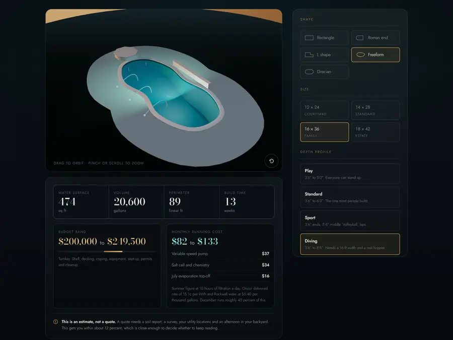 Blackland Pools website, a 3D pool designer with live budget output